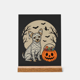 Halloween-Mummy-Hund und Kürbissüßigkeiten Acrylschild