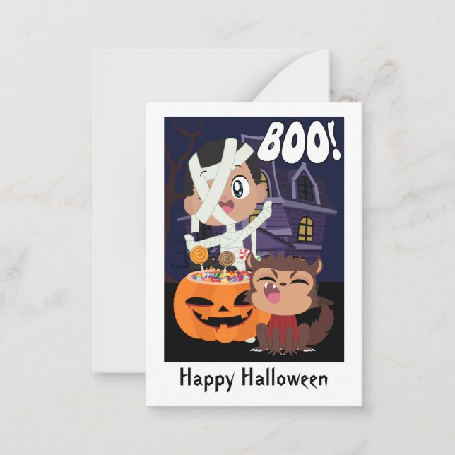Halloween Mummy, Pumpkin und Werewolf Mini Card Mitteilungskarte (Vorderseite)