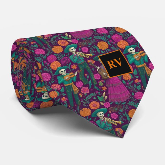 Halloween Musical Skeletons with Flowers Krawatte (Gerollt)