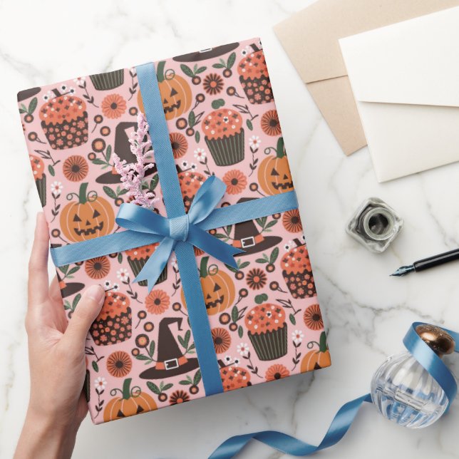 Halloween-Muster | Hexen, Kürbis, Fledermäuse Geschenkpapier (Schenken)