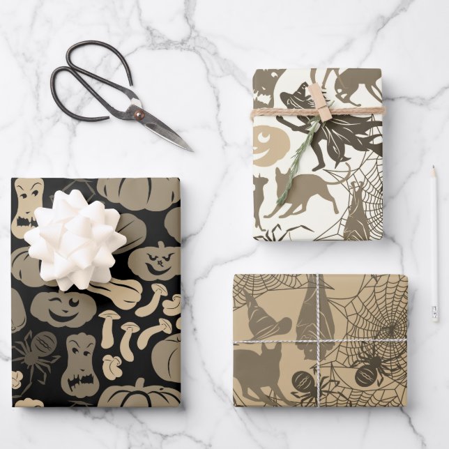 Halloween Muster Hexenhut Katzenspinne 3 neutral Geschenkpapier Set (Vorderseite)