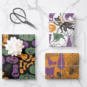 Halloween Muster Hexenhut Katzenspinne Set 3  Geschenkpapier Set