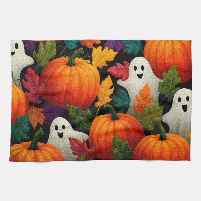 Halloween Muster Hintergrund mit Orange Pumpkins Geschirrtuch (Horizontal)