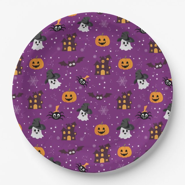 Halloween-Muster lila Pappteller (Vorderseite)