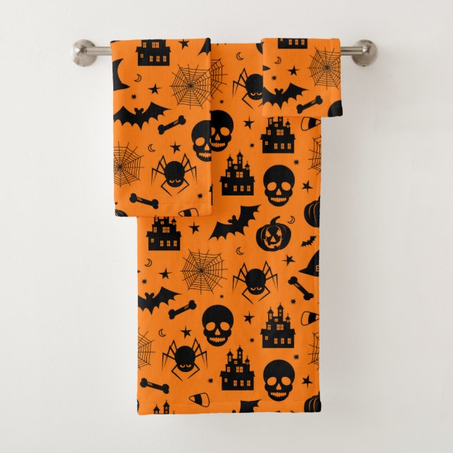 Halloween-Muster orange und schwarz Badhandtuch Set (Insitu)
