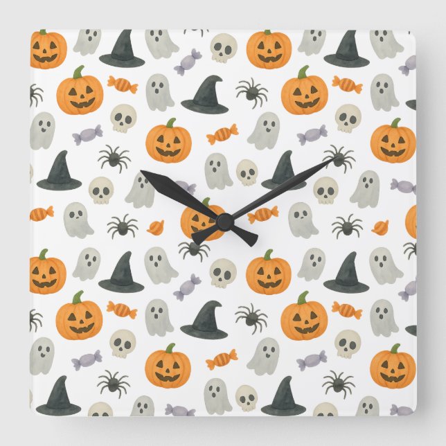 Halloween-Muster Quadratische Wanduhr (Vorderseite)