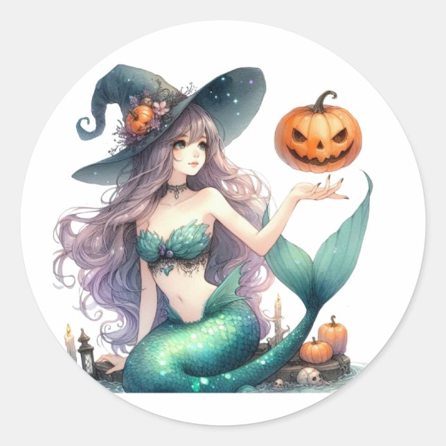 Halloween Mystical Mermaid Girl Runder Aufkleber (Vorderseite)