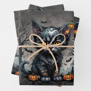 Halloween Nacht mit Kätzchen und Kürbissen. Geschenkpapier Set