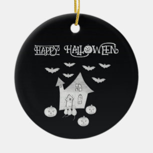 Halloween-Nacht mit Spukhaus, Fledermäusen, Kürbis Keramik Ornament