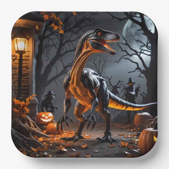 Halloween-Nacht mit Velociraptor Pappteller (Vorderseite)