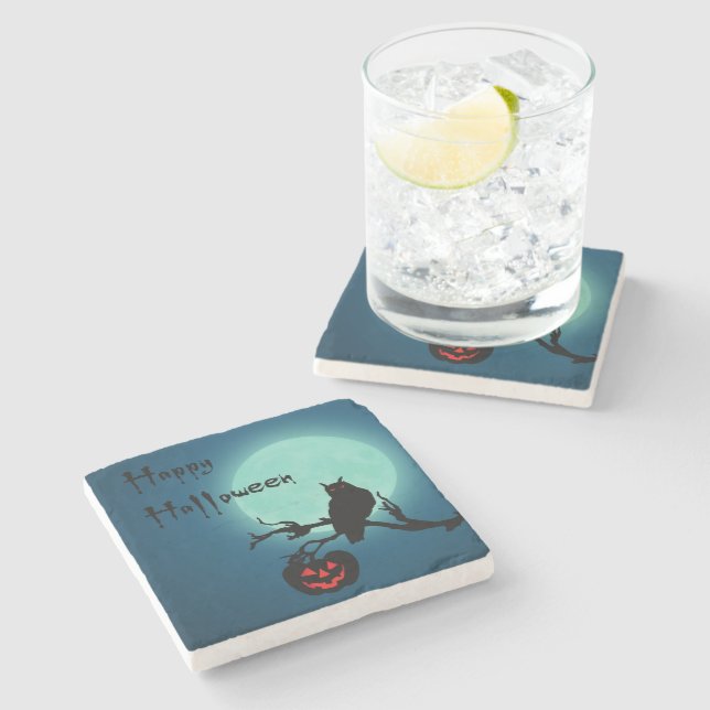 Halloween-Nachtkürbis-Eule Steinuntersetzer (Seitenansicht)