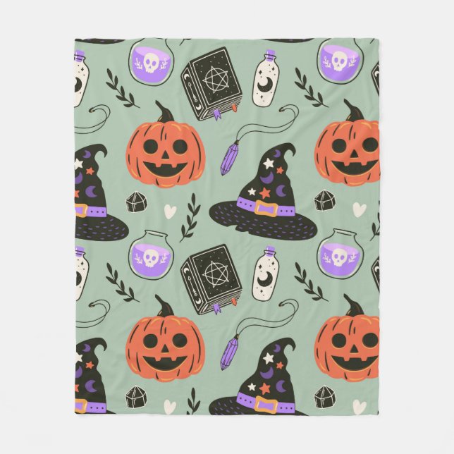 Halloween nahtloses Muster mit Hexenhut, Kürbis  Fleecedecke (Vorderseite)