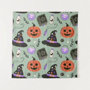 Halloween nahtloses Muster mit Hexenhut, Kürbis Wandteppich