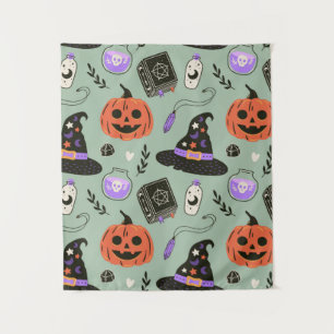 Halloween nahtloses Muster mit Hexenhut, Kürbis  Wandteppich