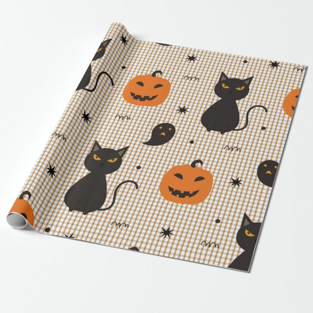 Halloween nahtloses Muster mit schwarzer Katze und Geschenkpapier (Ungerollt)