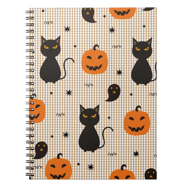 Halloween nahtloses Muster mit schwarzer Katze und Notizblock (Vorderseite)