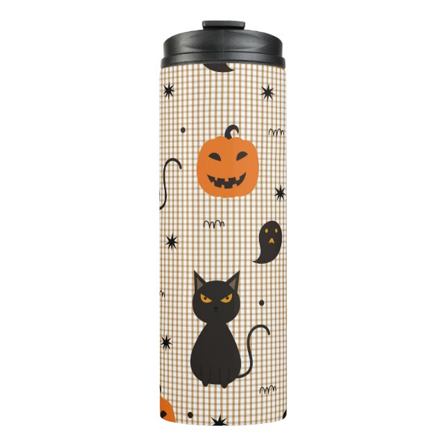Halloween nahtloses Muster mit schwarzer Katze und Thermosbecher (Vorderseite)