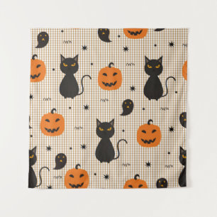 Halloween nahtloses Muster mit schwarzer Katze und Wandteppich