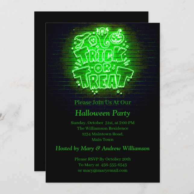 Halloween Neon Glow Look Green Trick Leckerei Part Einladung (Vorne/Hinten)