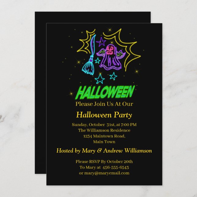 Halloween Neon Glow Look Lila Ghost Broom Party Einladung (Vorne/Hinten)