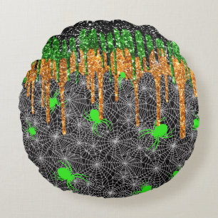 Halloween Neon Green Spiders Rundes Kissen