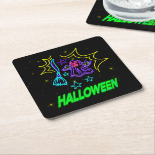 Halloween Neon Look Lila Ghost Broom Party Rechteckiger Pappuntersetzer