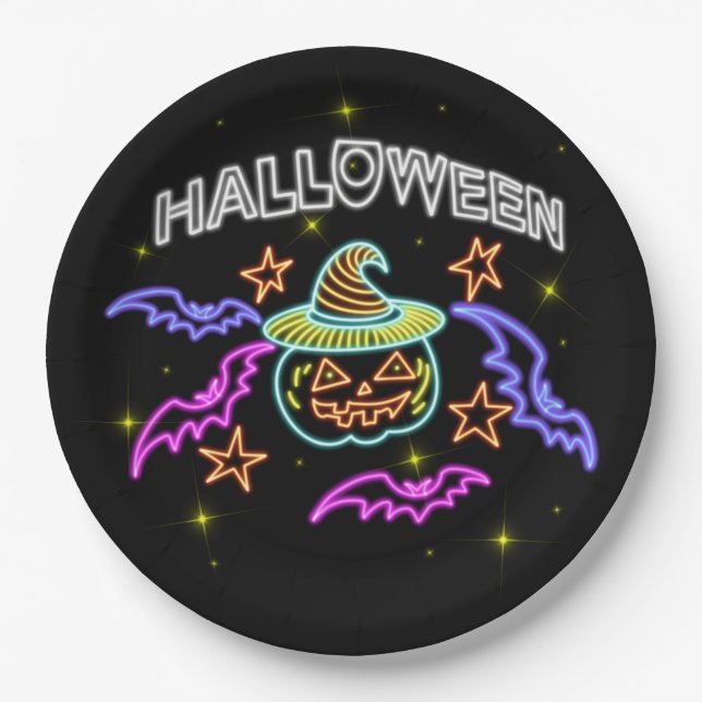 Halloween Neon Look Pumpkin Hat Bats Party 9" Pappteller (Vorderseite)