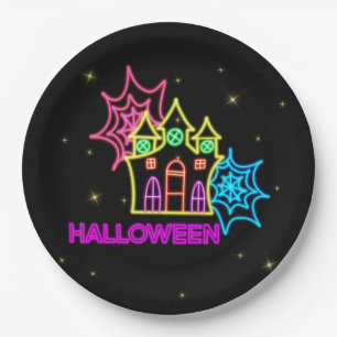 Halloween Neon Look Spuk House Spider Web 9" Pappteller