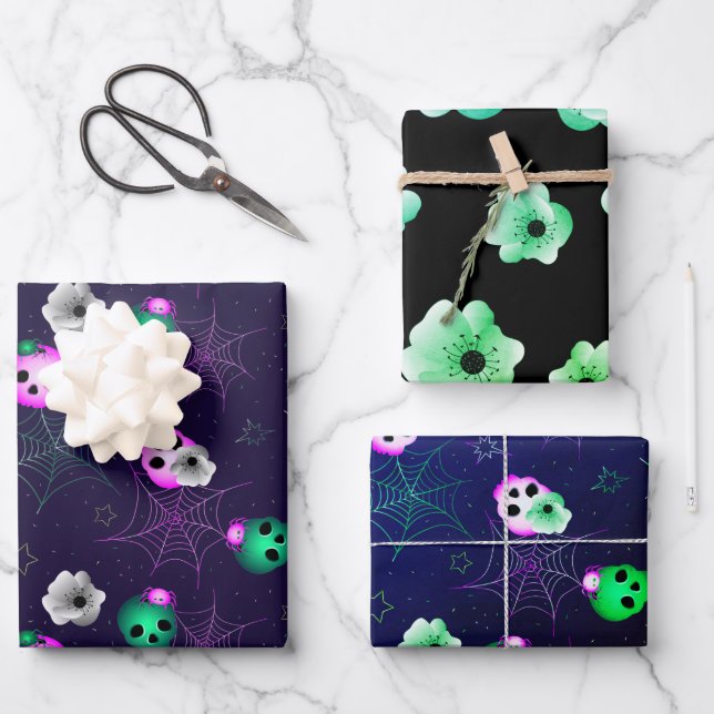 Halloween Neon Pink und Green Glows Skulls Wra Geschenkpapier Set (Vorderseite)
