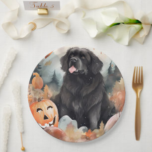 Halloween Neufundländer mit Kürbissen Gruselig  Pappteller