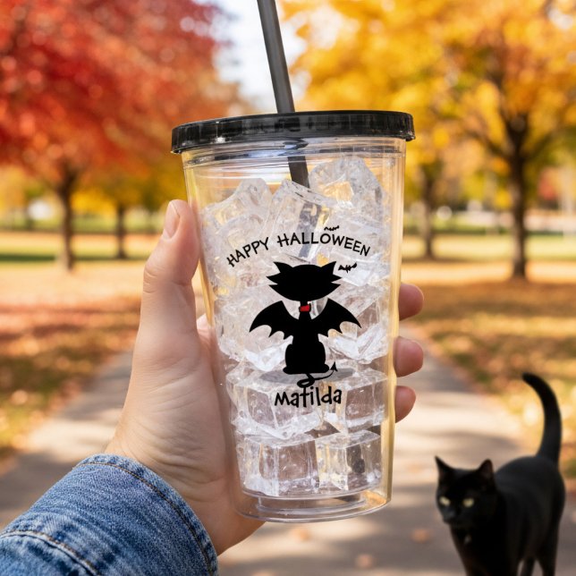 Halloween Niedlich Black Cat Bat Wings Acrylic Tum Acryltrinkbecher (Happy Halloween from the black cat! Add your name to this cute acrylic tumbler)