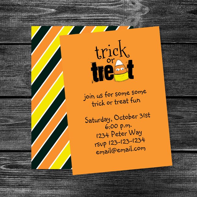 Halloween Niedlich Candy Corn Trick oder Treat Fun Einladung (Cute candy corn Halloween party design with bright orange background and playful style.)