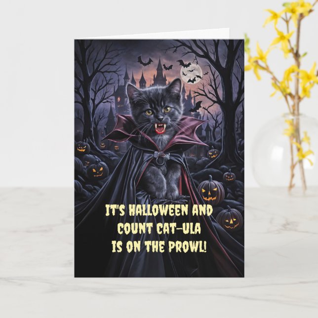 Halloween Niedlich Dracula Vampire Cat Kitten Karte (Gelbe Blume)