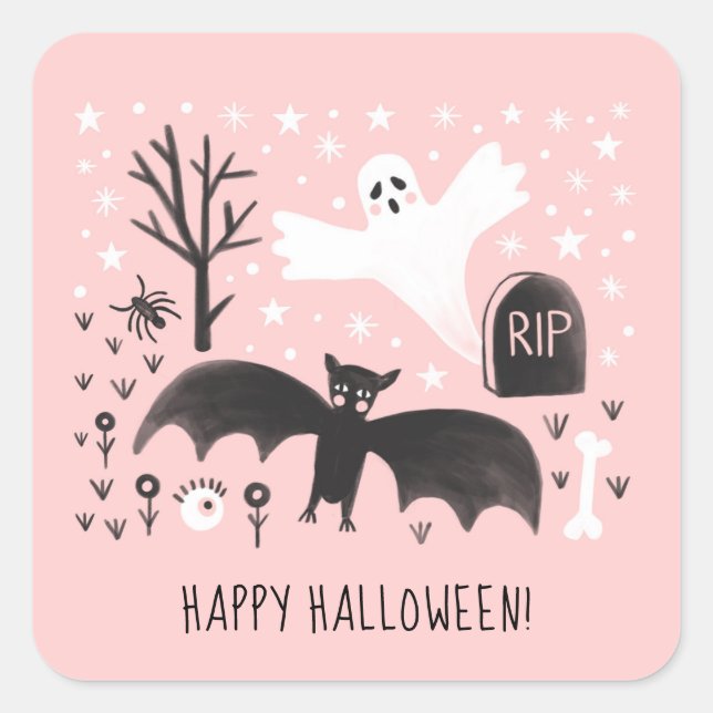 Halloween-Niedlich Ghost-Bat-Schwarz-Rosa-Illustra Quadratischer Aufkleber (Vorderseite)