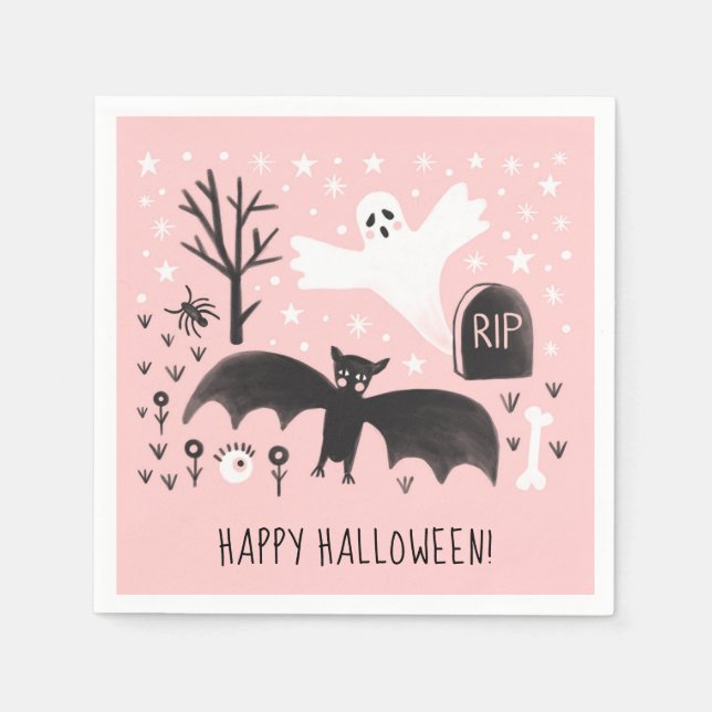 Halloween-Niedlich Ghost-Bat-Schwarz-Rosa-Illustra Serviette (Vorderseite)