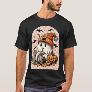 Halloween Niedlich Ghost Drink Kaffee Pumpkin Karo T-Shirt