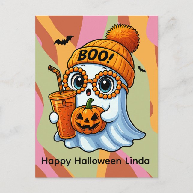 Halloween Niedlich Ghost Fall Pink Orange Postkarte (Vorderseite)
