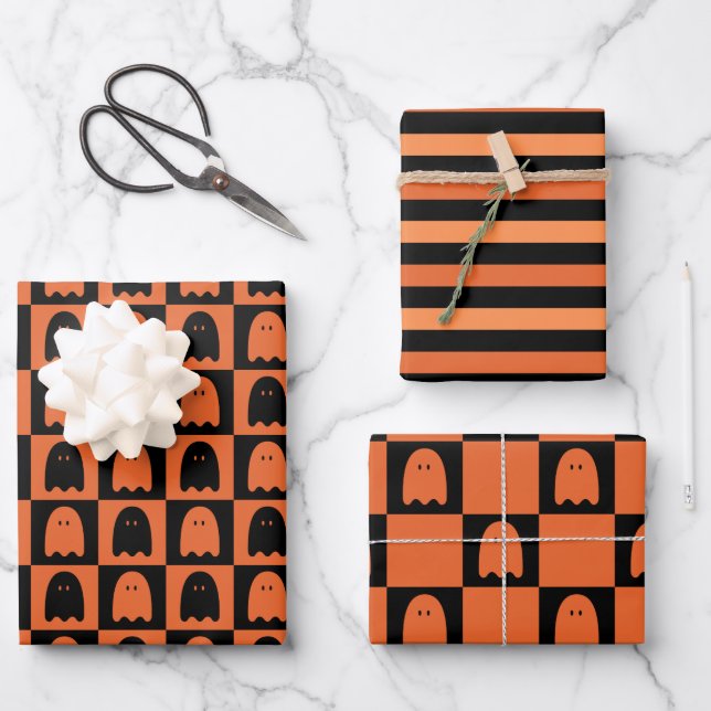 Halloween Niedlich Ghost Orange und Black Pattern Geschenkpapier Set (Vorderseite)