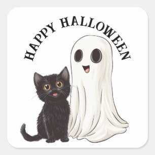 Halloween Niedlich Ghost und Black Cat Quadratischer Aufkleber