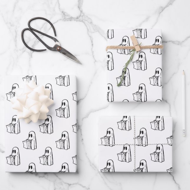 Halloween, Niedlich Ghost White, Trick oder Treat, Geschenkpapier Set (Vorderseite)