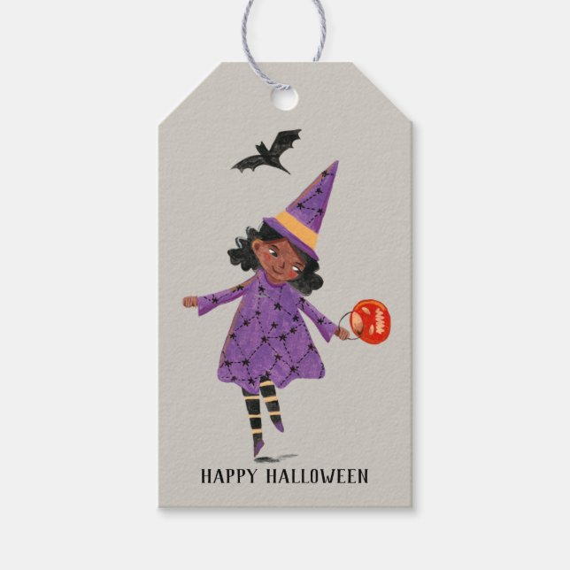 Halloween niedlich grau und lila Trick und Leckere Geschenkanhänger (Vorderseite)