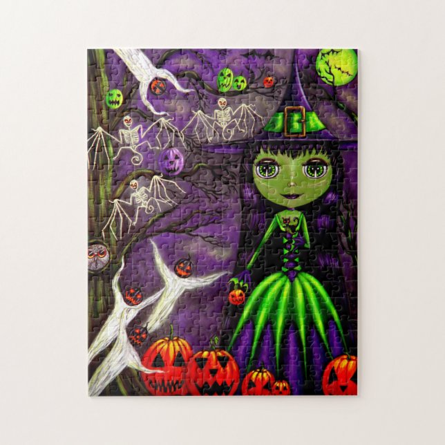 Halloween Niedlich Green Hexe Big Eyes Puzzle (Vertikal)