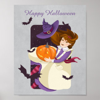Halloween Niedlich Hexe mit Pumpkin Poster