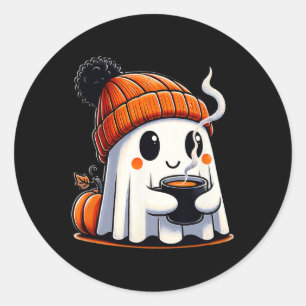 Halloween Niedlich Kawaii Ghost Drink Coffee Women Runder Aufkleber