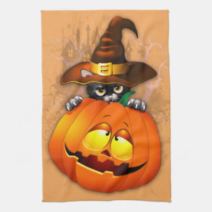 Halloween Niedlich Kitty Hexe und Kürbisfreund Geschirrtuch