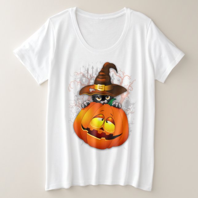 Halloween Niedlich Kitty Hexe und Kürbisfreund Große Größe T-Shirt (Design vorne)