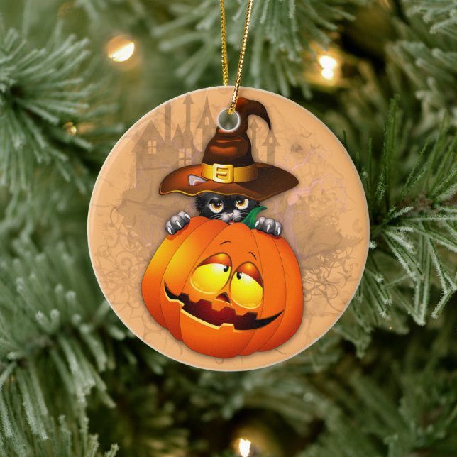 Halloween Niedlich Kitty Hexe und Kürbisfreund Keramik Ornament (Baum)