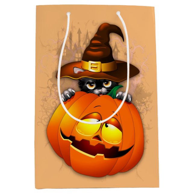 Halloween Niedlich Kitty Hexe und Kürbisfreund Mittlere Geschenktüte (Vorderseite)