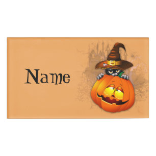 Halloween Niedlich Kitty Hexe und Kürbisfreund Namenschild