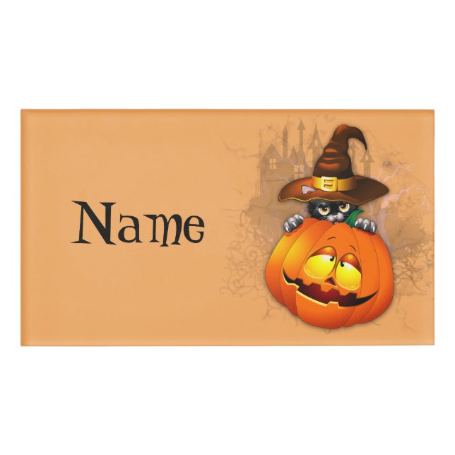 Halloween Niedlich Kitty Hexe und Kürbisfreund Namenschild (Vorderseite)